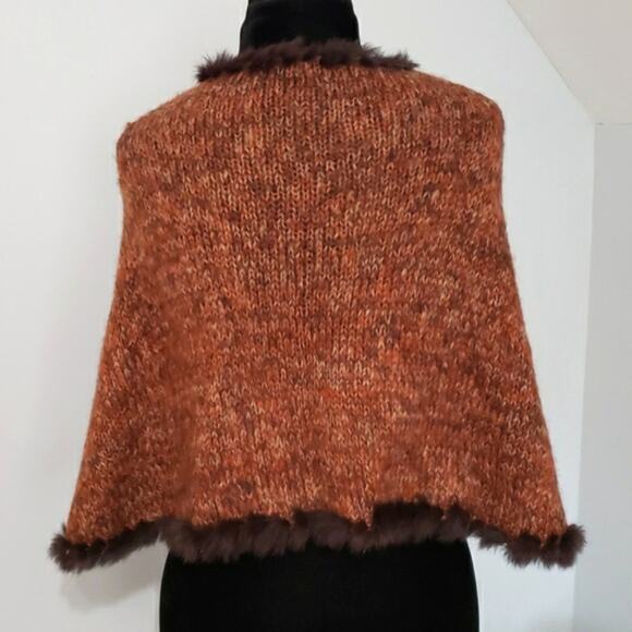 Fur Poncho 100% Dyed Rabbit Fur Lined Knit Outerwear Cardigan - Picture 3 of 9